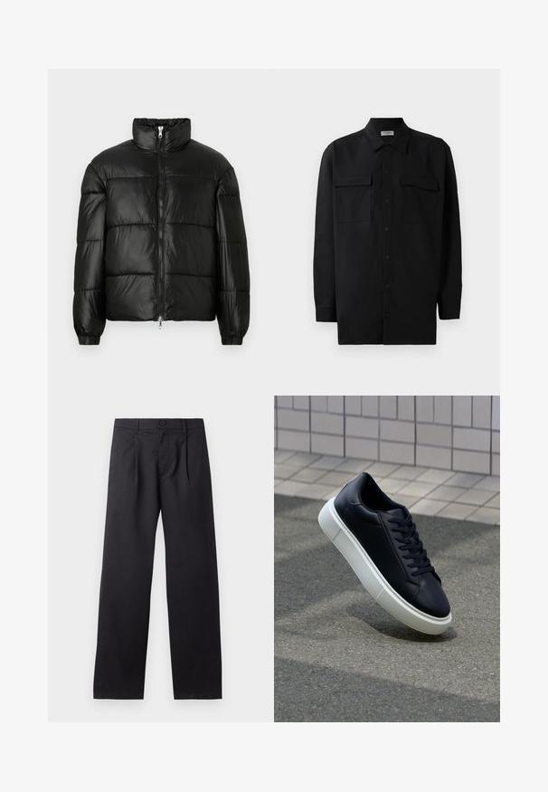 Must mustaga jakker, millel on kõrge krae, luku esikinnitus, tikanditud disain, elastsed mansetid ja läikiv, sile kangast viimistlus.; Mustmust värvi nööpidega särk, mis on valmistatud sujuvast kangast, klassikalise kraega, kahe eesmise tasku ja pikkade varrukatega, millel on nööpidega mansetid.; Mustad, laiad püksid, mis on valmistatud siledast kangast. Omab eesrihmasid, nööbi sulgemist ja kahte küljetaskut.; Mustast nahast tennisetoss, millel on ümar nina ja valge kummist tall. Omab siredaid paelu ja minimaalset õmblemist ülemises osas. Tekstuuriga tald, mis tagab haakuvuse.