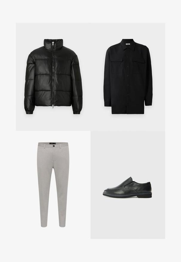 Melna pūkainā jaka ar augstu apkakli, rāvējslēdzēja priekšējo aizdari, quilted dizainu, elastīgām piedurknēm un spīdīgu, gludu auduma apdari.; Melnā pogu krekla, kas izgatavota no gludas auduma, ar klasisku apkakli, divām priekšējām kabatām un garām piedurknēm ar pogu aprocēm.; Gai pelēki pielāgoti bikses, kas izgatavotas no teksturēta auduma, ar pogu aizdari, sānu kabatām un šaura piegriezuma dizainu.; Melnas ādas slip-on kurpes ar gludu augšdaļu, izšūtām akcentiem, noapaļotu purngala daļu un zemu gumijas papēdi. Zole ar minimālu rakstu.