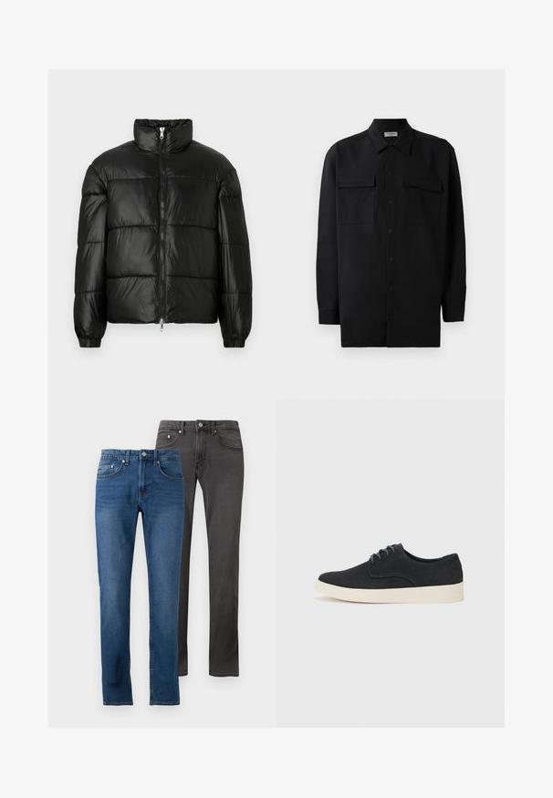Casaco puffer preto com gola alta, fecho frontal em zíper, design acolchoado, punhos elásticos e acabamento de tecido brilhante e suave.; Camisa preta de botão, feita de um tecido suave, com golas clássicas, dois bolsos frontais e mangas longas com punhos abotoados.; Duas pares de jeans: uma em azul médio com um acabamento desgastado, e a outra em cinza escuro com uma textura suave. Ambas têm um corte reto e cinco bolsos.; Sapatilha preta em camurça com atacadores, bico arredondado, sola leve creme e discretos detalhes em azul nas laterais.