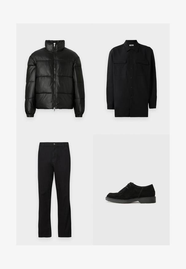 Black puffer jacket with a high collar, zip front closure, quilted design, elastic cuffs, and shiny, smooth fabric finish.; Black button-up shirt made of smooth fabric, featuring a classic collar, two front pockets, and long sleeves with button cuffs.; Black cotton trousers with a straight-leg design, featuring a button closure, front and back pockets, and smooth texture.; Black suede dress shoe with a rounded toe, contrasting stitching, and a rubber sole. Features minimal lacing and a smooth upper design.