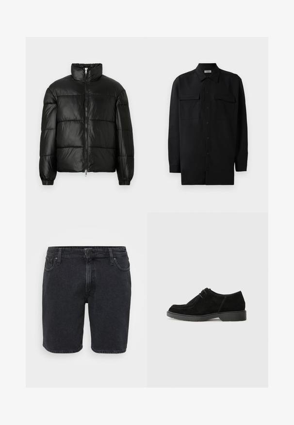 Must mustaga jakker, millel on kõrge krae, luku esikinnitus, tikanditud disain, elastsed mansetid ja läikiv, sile kangast viimistlus.; Mustmust värvi nööpidega särk, mis on valmistatud sujuvast kangast, klassikalise kraega, kahe eesmise tasku ja pikkade varrukatega, millel on nööpidega mansetid.; Mustad teksapüksid klassikalise disainiga, millel on ees nuppude sulgemine, vöökohad ja viis taskut. Kergelt pleekinud tekstuur.; Mustmust suured kingad ümarate varvastega, kontrastset õmblust ja kummist tallaga. Omab minimaalset paelavarrast ja sujuvat ülemise disaini.