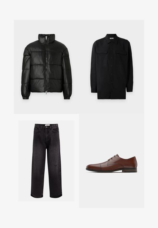 Melna pūkainā jaka ar augstu apkakli, rāvējslēdzēja priekšējo aizdari, quilted dizainu, elastīgām piedurknēm un spīdīgu, gludu auduma apdari.; Melnā pogu krekla, kas izgatavota no gludas auduma, ar klasisku apkakli, divām priekšējām kabatām un garām piedurknēm ar pogu aprocēm.; Melnas denima bikses ar platām kājām, ar piecām kabatām, šuvēju jostu un smalku logotipa detaļu pie ceļa.; Brūni ādas kleitu apavi ar gludu apdari, noapaļotu purngalu un trīs acs caurumu auklu dizainu. Iespējots zems papēdis un teksturēta zole.