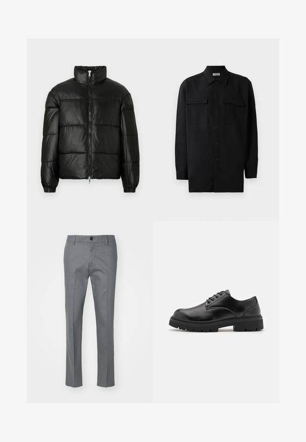 Črna pufasta jakna z visokim ovratnikom, z zadrgo spredaj, prešito zasnovo, elastičnimi manšetami in sijočim, gladkim zaključkom tkanine.; Črn srajčni zgornji del iz gladkega materiala, s klasičnim ovratnikom, dvema sprednjima žepoma in dolgimi rokavi z gumbi na manšetah.; Sive hlače iz gladkega materiala, s ravno zasnovo nogavice, enim sprednjim gumbom in diskretnimi stranskimi žepi za funkcionalnost.; Črne usnjene čevlje s podolgovatim prstom, z vezalnim dizajnom in debelim, teksturiranim gumijastim podplatom. Imajo šivanje ob robu in gladko površino.