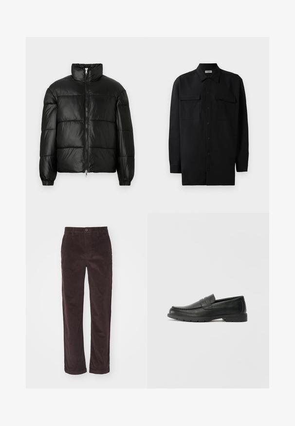 Black puffer jacket with a high collar, zip front closure, quilted design, elastic cuffs, and shiny, smooth fabric finish.; Black button-up shirt made of smooth fabric, featuring a classic collar, two front pockets, and long sleeves with button cuffs.; Brown corduroy pants with a straight cut, featuring a button closure and rolled cuffs, showcasing vertical ribbed texture.; Black leather loafers with a smooth finish, moccasin-style upper, stitched detailing, and a rubber sole. Classic design with a low heel.