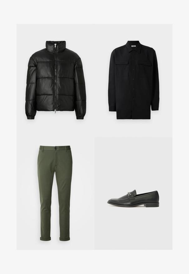 Čierna páperová bunda s vysokým golierom, predným zipsom, prešívaným dizajnom, elastickými manžetami a lesklým hladkým materiálom.; Čierna košeľa na gombíky vyrobená z hladkej tkaniny, so klasickým golierom, dvoma prednými vreckami a dlhými rukávmi s gombíkovými manžetami.; Olivovo zelené slim-fit nohavice z mäkkého materiálu, s gombíkovým zapínaním, klasickými vreckami a zvinutými manžetami pri členkoch.; Čierne kožené loafers s hladkým povrchom, s prešitým dizajnom a dekoratívnym kovovým reťazovým akcentom cez priehlavok. Plochý podpätok.