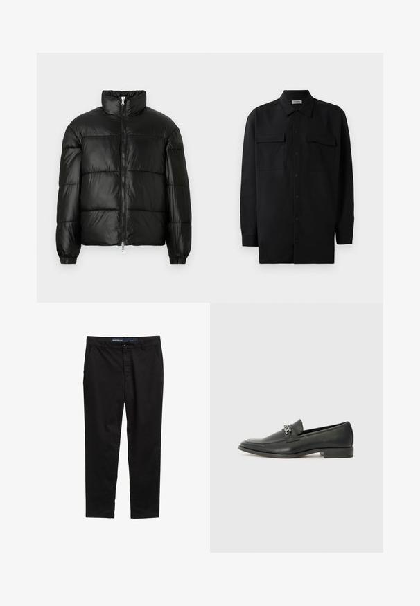 Schwarze Daunenjacke mit hohem Kragen, Reißverschluss vorne, gestepptem Design, elastischen Bündchen und glänzendem, glattem Stofffinish.; Schwarzes Hemd mit Knopfleiste aus glattem Stoff, das einen klassischen Kragen, zwei Brusttaschen und lange Ärmel mit Knopfmanschetten aufweist.; Schwarze Chinos aus einem Baumwollmischgewebe. Verfügt über ein gerades Bein Design, zwei seitliche Taschen und einen Metallknopfverschluss an der Taille.; Schwarzer Lederloafer mit glatter Oberfläche, ausgestattet mit einer gesteppten Gestaltung und einem dekorativen Metallkettendetail über dem Vorderblatt. Flacher Absatz.