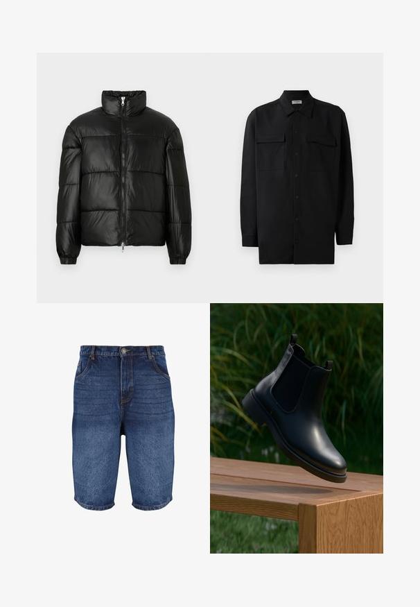 Fekete puffernadrág magas gallérral, cipzáras elülső záródással, steppelt kialakítással, elasztikus mandzsettákkal és fényes, sima szövetfelülettel.; Fekete gombos ing, sima anyagból készült, klasszikus gallérral, két elülső zsebbel és hosszú ujjakkal, amelyek gombos mandzsettával záródnak.; Sötétkék farmer rövidnadrág, kopott hatású kivitelben. Öt zsebbel, elülső gombos záródással és varrott részletekkel a varrás mentén.; Fekete bőr bokacsizma rugós oldalsó panelek nélkül, egy fából készült pad felett lebegve, zöld növényzet háttérrel.
