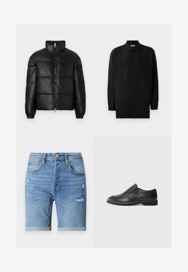 Crna puffer jakna s visokim ovratnikom, zatvaranjem na zip, quilted dizajnom, elastičnim manžetama i sjajnim, glatkim materijalom.; Crna košulja s dugim rukavima od glatkog materijala, s klasičnom kragnom, dva prednja džepa i dugmadima na manžetama.; Svijetloplavi traper šortsevi s istrošenim detaljima, s preklopljenim rubovima, pet džepova i kopčanjem na gumb. Izrađeni od mekanog, prozračnog materijala.; Crne kožne cipele na sklapanje s glatkom gornjom površinom, prošivenim detaljima, zaobljenim vrhom i niskim gumene potplate. Potplat ima minimalne uzorke.