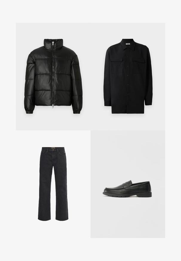 Must mustaga jakker, millel on kõrge krae, luku esikinnitus, tikanditud disain, elastsed mansetid ja läikiv, sile kangast viimistlus.; Mustmust värvi nööpidega särk, mis on valmistatud sujuvast kangast, klassikalise kraega, kahe eesmise tasku ja pikkade varrukatega, millel on nööpidega mansetid.; Mustad teksased laia säärega, nööbiga kinnitamine, viie taskuga ja veidi kulunud välimusega. Sirge lõige vööst allääreni.; Musthave nahkkingad siledast nahast, mokassiini stiilis ülevalt, tikanditega ja kummist tallaga. Klassikaline disain madala kontsaga.