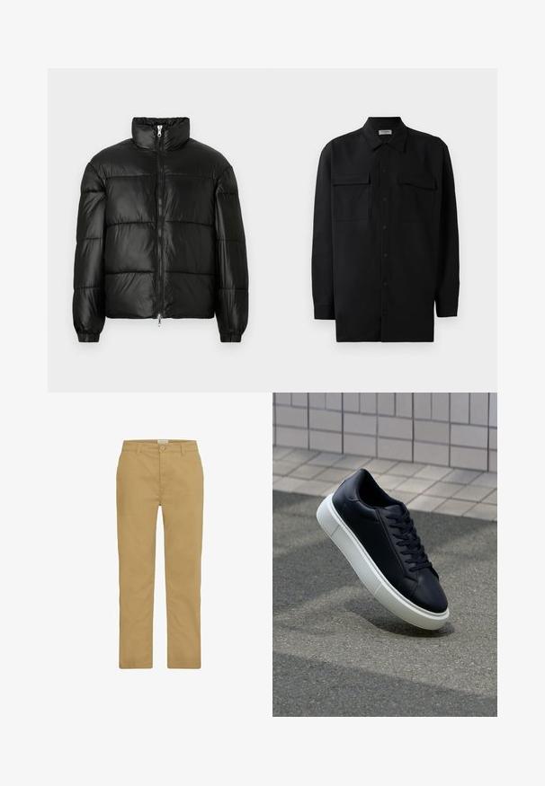 Zwarte pufferjack met een hoge kraag, ritsvoorzijde, gestikt ontwerp, elastische manchetten en een glanzende, gladde stofafwerking.; Zwarte button-up shirt gemaakt van gladde stof, met een klassieke kraag, twee voorzakken en lange mouwen met knopenmanchetten.; Khaki chinos van katoen, met een recht model, knoopsluiting en klassieke vier-pocket stijl. Glad textuur en minimale stiksel.; Zwarte leren sneaker met een ronde neus en een witte rubberen zool. Voorzien van platte veters en minimale stiksels op het bovenwerk. Textuurrijke zool voor grip.