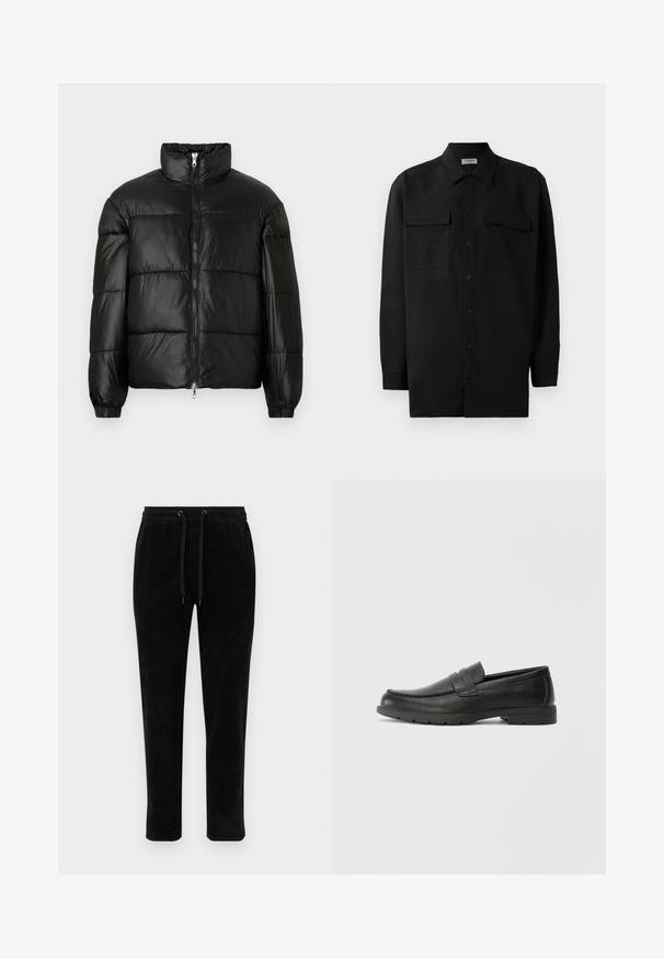 Casaco puffer preto com gola alta, fecho frontal em zíper, design acolchoado, punhos elásticos e acabamento de tecido brilhante e suave.; Camisa preta de botão, feita de um tecido suave, com golas clássicas, dois bolsos frontais e mangas longas com punhos abotoados.; Calças de veludo cotelê pretas com uma cintura elástica, cordões ajustáveis e um corte afunilado. O tecido possui uma textura ribete vertical.; Sapatos mocassins de couro preto com acabamentos lisos, parte superior em estilo mocassins, detalhes em costura e sola de borracha. Design clássico com um salto baixo.