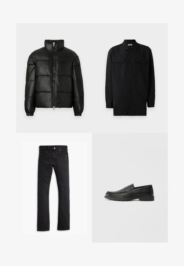 Svart pufferjakke med høy krage, glidelås foran, quiltet design, elastiske mansjetter og blank, glatt stofffinish.; Svart skjorte med knapper laget av glatt stoff, med klassisk krage, to frontlommer og lange ermer med knappe mansjetter.; Sorte denimbukser med rett ben, femlommesdesign, knappelukking i midjen og subtile stikningsdetaljer. Glatt tekstur hele veien.; Svart skinnloafers med glatt finish, mokkasin-stil overdel, broderte detaljer og gummisåle. Klassisk design med lav hæl.