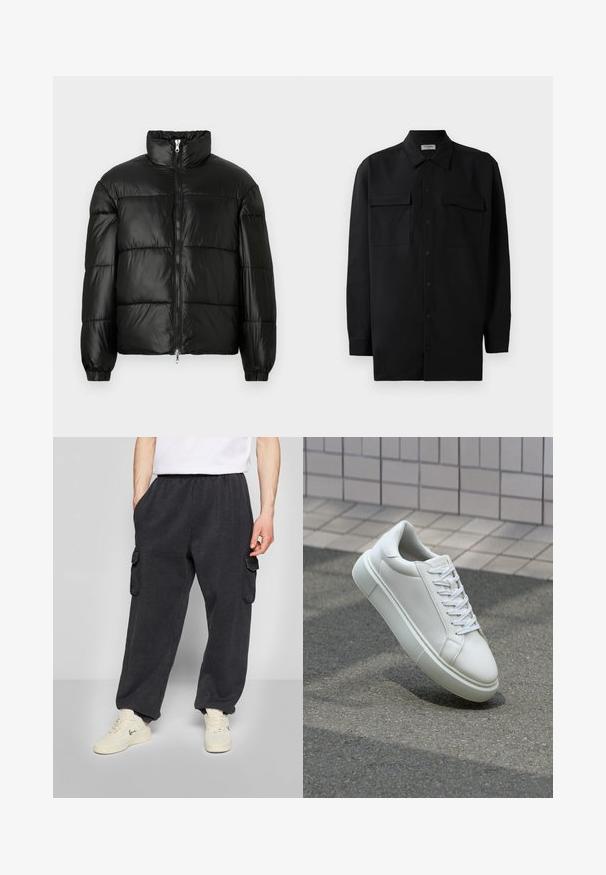 Černá péřová bunda s vysokým límcem, zapínáním na zip, prošívaným designem, elastickými manžetami a lesklým, hladkým povrchem.; Černá košile na knoflíky vyrobená z hladké tkaniny, s klasickým límcem, dvěma předními kapsami a dlouhými rukávy s knoflíkovými manžetami.; Tmavě šedé cargo kalhoty s elastickým pasem, bočními kapsami a volným střihem. Vyrobené z měkké tkaniny, mají prošité detaily na kapsách.; Bílé kožené tenisky s hladkým povrchem, kulatou špičkou a plochými bílými tkaničkami. Disponují texturovanou gumovou podrážkou a minimálními designovými prvky.