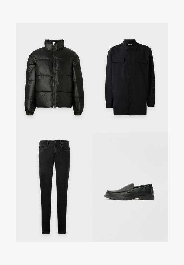 Casaco puffer preto com gola alta, fecho frontal em zíper, design acolchoado, punhos elásticos e acabamento de tecido brilhante e suave.; Camisa preta de botão, feita de um tecido suave, com golas clássicas, dois bolsos frontais e mangas longas com punhos abotoados.; Calças de ganga pretas, corte slim, design de cinco bolsos, costura visível, fecho frontal com botão e detalhe de marcação minimalista no bolso de trás.; Sapatos mocassins de couro preto com acabamentos lisos, parte superior em estilo mocassins, detalhes em costura e sola de borracha. Design clássico com um salto baixo.