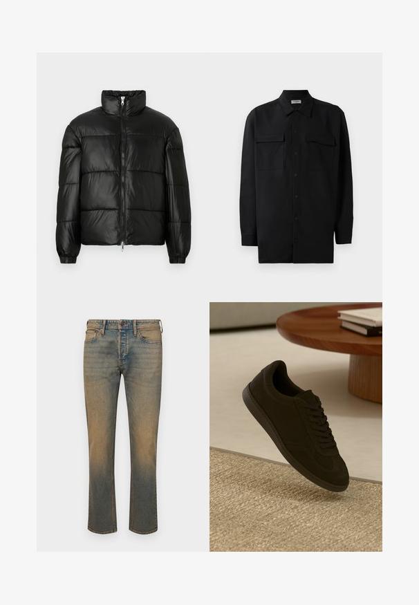 Chaqueta de pluma negra con un cuello alto, cierre frontal con cremallera, diseño acolchado, puños elásticos y acabado de tela brillante y suave.; Camisa negra de botones, fabricada en tejido suave, con un cuello clásico, dos bolsillos delanteros y mangas largas con puños de botón.; Jeans de mezclilla azul deslavados con corte recto, que cuentan con cinco bolsillos, costuras en contraste y un lavado ligeramente más claro en el dobladillo.; Zapatillas de ante negras con punta redondeada, diseño con cordones, suela de goma texturizada y costuras en contraste, exhibidas sobre una alfombra de tejido.