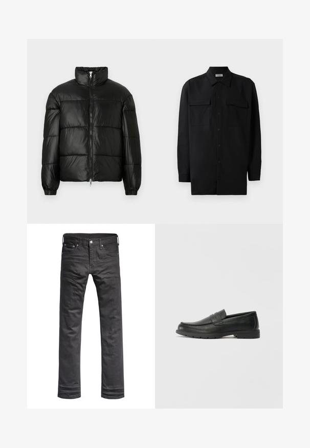 Black puffer jacket with a high collar, zip front closure, quilted design, elastic cuffs, and shiny, smooth fabric finish.; Black button-up shirt made of smooth fabric, featuring a classic collar, two front pockets, and long sleeves with button cuffs.; Black denim jeans with a classic straight-leg design. Features front pockets, a button fly, and subtle stitching details.; Black leather loafers with a smooth finish, moccasin-style upper, stitched detailing, and a rubber sole. Classic design with a low heel.
