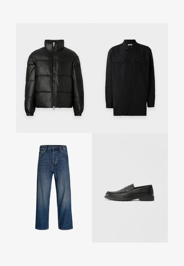 Must mustaga jakker, millel on kõrge krae, luku esikinnitus, tikanditud disain, elastsed mansetid ja läikiv, sile kangast viimistlus.; Mustmust värvi nööpidega särk, mis on valmistatud sujuvast kangast, klassikalise kraega, kahe eesmise tasku ja pikkade varrukatega, millel on nööpidega mansetid.; Tumedat teksased sirgete jalgadega, õrnate kulumismärkidega. Sisaldab viit taskut ja nööbifliis.; Musthave nahkkingad siledast nahast, mokassiini stiilis ülevalt, tikanditega ja kummist tallaga. Klassikaline disain madala kontsaga.