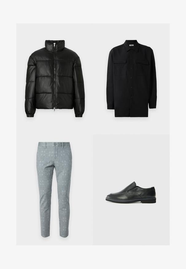 Must mustaga jakker, millel on kõrge krae, luku esikinnitus, tikanditud disain, elastsed mansetid ja läikiv, sile kangast viimistlus.; Mustmust värvi nööpidega särk, mis on valmistatud sujuvast kangast, klassikalise kraega, kahe eesmise tasku ja pikkade varrukatega, millel on nööpidega mansetid.; Halluxhall lava rohked hallikirju patte, mis hõlmavad hoolikalt ääristatud sobivust, nööbist sulgemist ja sileda tekstuuri koos ruudustikuga.; Must musta laia suuga king, millel on sile ülemine osa, õmmeldud detailid, ümmargune nina ja madal kummist konts. Tallal on minimaalne mustr.