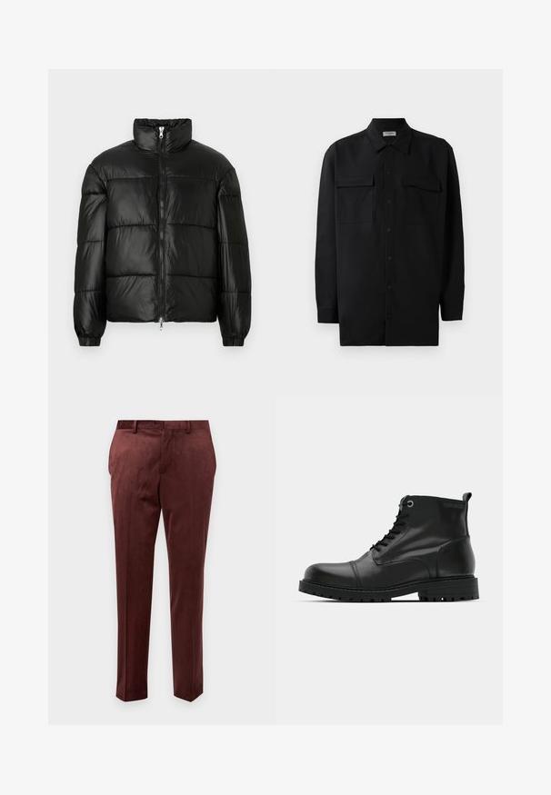 Melna pūkainā jaka ar augstu apkakli, rāvējslēdzēja priekšējo aizdari, quilted dizainu, elastīgām piedurknēm un spīdīgu, gludu auduma apdari.; Melnā pogu krekla, kas izgatavota no gludas auduma, ar klasisku apkakli, divām priekšējām kabatām un garām piedurknēm ar pogu aprocēm.; Burgundijas bikses gludā audumā ar pielāgotu piegriezumu, ar gludu priekšpusi, sānu kabatām un smalku spīdumu.; Melni ādas potītes zābaki ar noapaļotu pirkstu, saistīšanas dizainu, kontrastējošiem pelēkiem acu caurumiem un izturīgu gumijas zoli. Gluda tekstūra ar minimālistiskām akcentējošām detaļām.