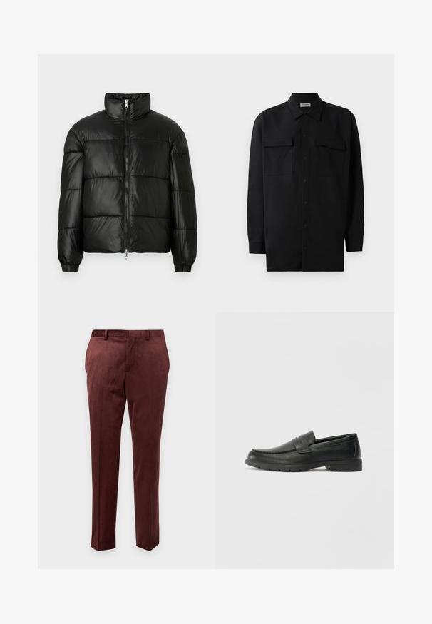 Black puffer jacket with a high collar, zip front closure, quilted design, elastic cuffs, and shiny, smooth fabric finish.; Black button-up shirt made of smooth fabric, featuring a classic collar, two front pockets, and long sleeves with button cuffs.; Burgundy trousers in a smooth fabric with a tailored fit, featuring flat-front, side pockets, and a subtle sheen.; Black leather loafers with a smooth finish, moccasin-style upper, stitched detailing, and a rubber sole. Classic design with a low heel.