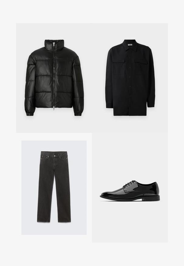 Fekete puffernadrág magas gallérral, cipzáras elülső záródással, steppelt kialakítással, elasztikus mandzsettákkal és fényes, sima szövetfelülettel.; Fekete gombos ing, sima anyagból készült, klasszikus gallérral, két elülső zsebbel és hosszú ujjakkal, amelyek gombos mandzsettával záródnak.; Fekete farmer egyenes lábú nadrág klasszikus öt zsebes kialakítással, narancssárga varrással és cipzáras záródással.; Fekete lakkbőr félcipő lekerekített orral, fűzős kialakítással és sima, fényes felülettel. Alacsony profilmagasságú gumitalppal rendelkezik.