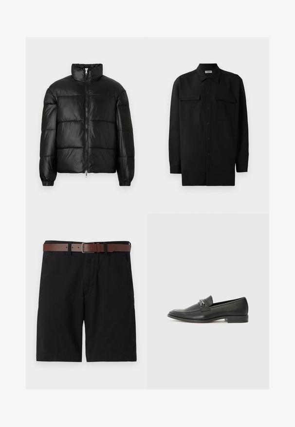 Must mustaga jakker, millel on kõrge krae, luku esikinnitus, tikanditud disain, elastsed mansetid ja läikiv, sile kangast viimistlus.; Mustmust värvi nööpidega särk, mis on valmistatud sujuvast kangast, klassikalise kraega, kahe eesmise tasku ja pikkade varrukatega, millel on nööpidega mansetid.; Mustad mustad lühikesed püksid, millel on pruuni nahast vöö. Disain sisaldab ees taskuid ja sirget lõiget, millel on lõpetatud ääred.; Must haveate nahkking punased, millel on sile viimistlus, tikitud muster ja dekoratiivne metallkett vampi üle. Tasane konts.