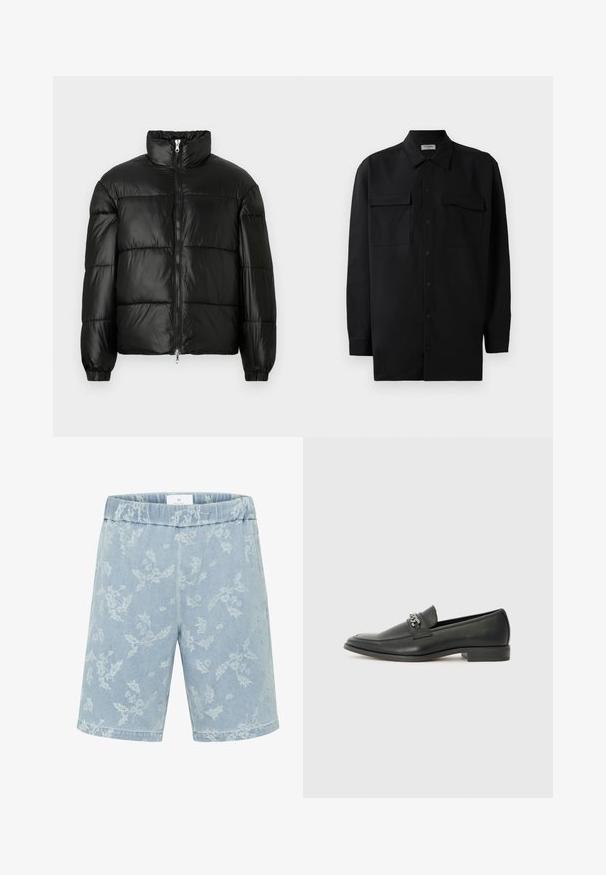 Juodas pūkinis švarkas su aukštu apykakle, užtrauktuko priekyje, siuvinėtu dizainu, elastingais rankogaliais ir blizgia, lygiąja audinio apdaila.; Juodas marškinis su mygtukais, pagamintas iš lygaus audinio, turi klasikinius apykaklės, du priekiniai kišeniai ir ilgus rankovės su mygtukais.; Šviesiai mėlyni džinsiniai šortai su subtiliu gėlių raštu, elastingu juosmeniu ir tiesiu kirpimu. Kišenių nematyti.; Juodos odinės loafer tipo bateliai su lygiu paviršiumi, turintys siuvinėtą dizainą ir dekoratyvų metalo grandinėlės akcentą ant batų viršaus. Plokščias kulnas.