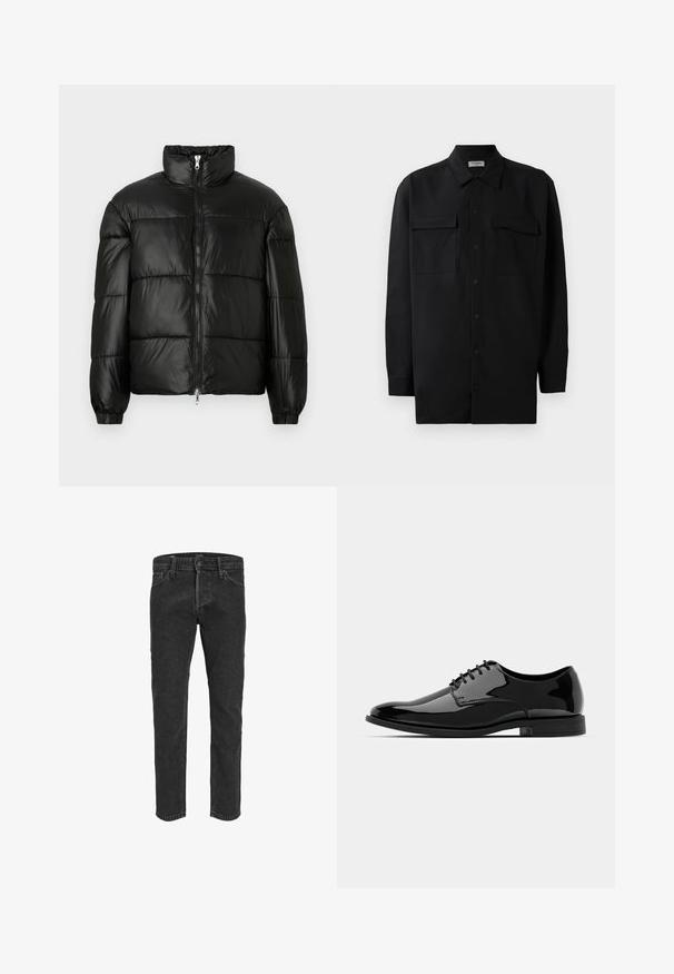 Juodas pūkinis švarkas su aukštu apykakle, užtrauktuko priekyje, siuvinėtu dizainu, elastingais rankogaliais ir blizgia, lygiąja audinio apdaila.; Juodas marškinis su mygtukais, pagamintas iš lygaus audinio, turi klasikinius apykaklės, du priekiniai kišeniai ir ilgus rankovės su mygtukais.; Juodi džinsai su tiesiu kojų kirpimu, penkiomis kišenėmis ir diržo kilputėmis, turintys šiek tiek išblukusį tekstūrą ir kontrastingą siuvinėjimą.; Juodas lakinės odos suknelės bateliai su apvaliu priekiu, su raišteliais ir lygiu, blizgiu paviršiumi. Turi žemą guminį padas.