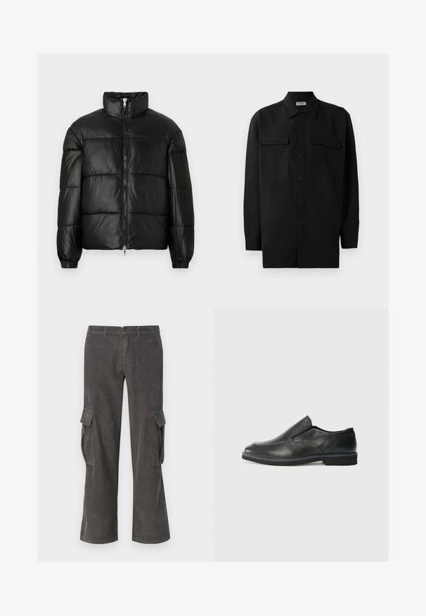 Černá péřová bunda s vysokým límcem, zapínáním na zip, prošívaným designem, elastickými manžetami a lesklým, hladkým povrchem.; Černá košile na knoflíky vyrobená z hladké tkaniny, s klasickým límcem, dvěma předními kapsami a dlouhými rukávy s knoflíkovými manžetami.; Šedé manšestrové cargo kalhoty s rovnými nohavicemi, postranními kapsami a jemnou vlnitou strukturou. Zapínání na knoflík a zip v oblasti pasu.; Černá kožená nazouvací bota s hladkým svrškem, prošívanými detaily, zaoblenou špičkou a nízkým gumovým podpatkem. Podešev má minimální vzorek.