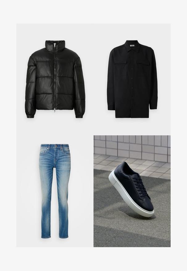 Czarna kurtka puchowa z wysokim kołnierzem, zapięciem na zamek błyskawiczny z przodu, pikowanym wzorem, elastycznymi mankietami oraz błyszczącym, gładkim wykończeniem materiału.; Czarna koszula z guzikami wykonana z gładkiego materiału, z klasycznym kołnierzykiem, dwoma przednimi kieszeniami i długimi rękawami z mankietami na guziki.; Jasnoniebieskie dżinsy z prostym krojem, z pięcioma kieszeniami i subtelnym wyblaknięciem na udach. Zapięcie na metalowy guzik i zamek błyskawiczny.; Czarne skórzane sneakersy z okrągłym noskiem i białą gumową podeszwą. Posiadają płaskie sznurowadła i minimalne przeszycia na cholewce. Teksturowana podeszwa zapewnia przyczepność.