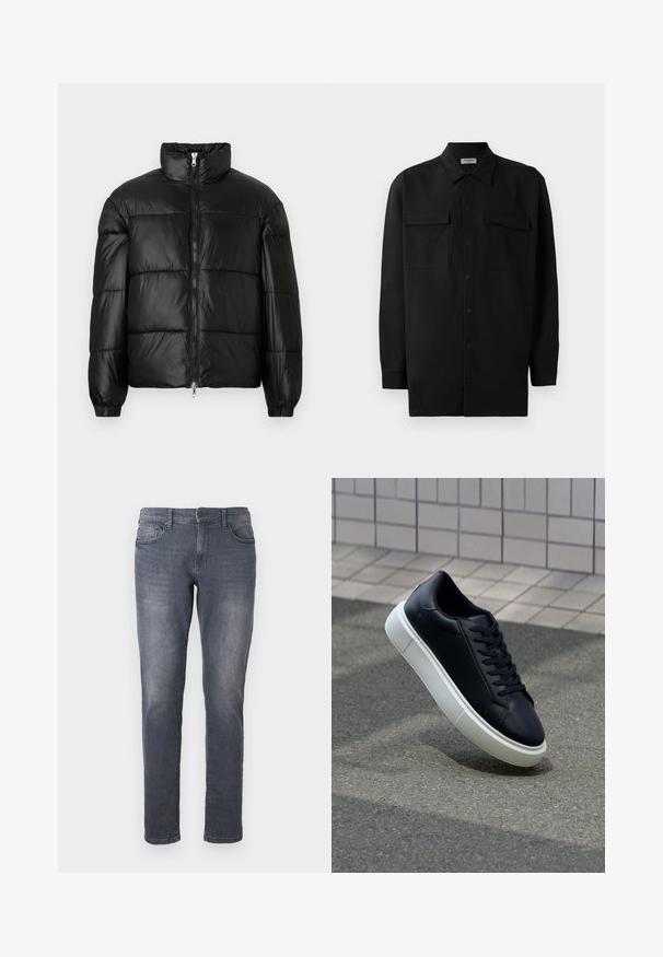 Črna pufasta jakna z visokim ovratnikom, z zadrgo spredaj, prešito zasnovo, elastičnimi manšetami in sijočim, gladkim zaključkom tkanine.; Črn srajčni zgornji del iz gladkega materiala, s klasičnim ovratnikom, dvema sprednjima žepoma in dolgimi rokavi z gumbi na manšetah.; Sive jeans iz denima v prilegajočem kroju, z zadrgo, pasnimi zankami, sprednjimi žepi in z leti obrabljenim videzom. Standardni ravni kroj nog.; Črne usnjene superge z zaobljenim prstom in belim gumijastim podplat. Imajo ravne vezalke in minimalno šivanje na zgornjem delu. Teksturirani podplat za oprijem.