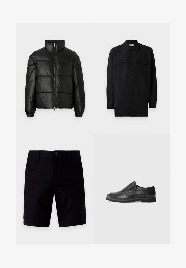 Čierna páperová bunda s vysokým golierom, predným zipsom, prešívaným dizajnom, elastickými manžetami a lesklým hladkým materiálom.; Čierna košeľa na gombíky vyrobená z hladkej tkaniny, so klasickým golierom, dvoma prednými vreckami a dlhými rukávmi s gombíkovými manžetami.; Čierne šortky s hladkou textúrou, vybavené zapínaním na gombík, tradičnými vreckami a založenými manžetami. Vyrobené z ľahkého materiálu.; Čierny kožený nazúvací topánka s hladkým zvrškom, prešitými akcentmi, zaoblenou špičkou a nízkym gumovým podpätkom. Podošva má minimálny dezén.