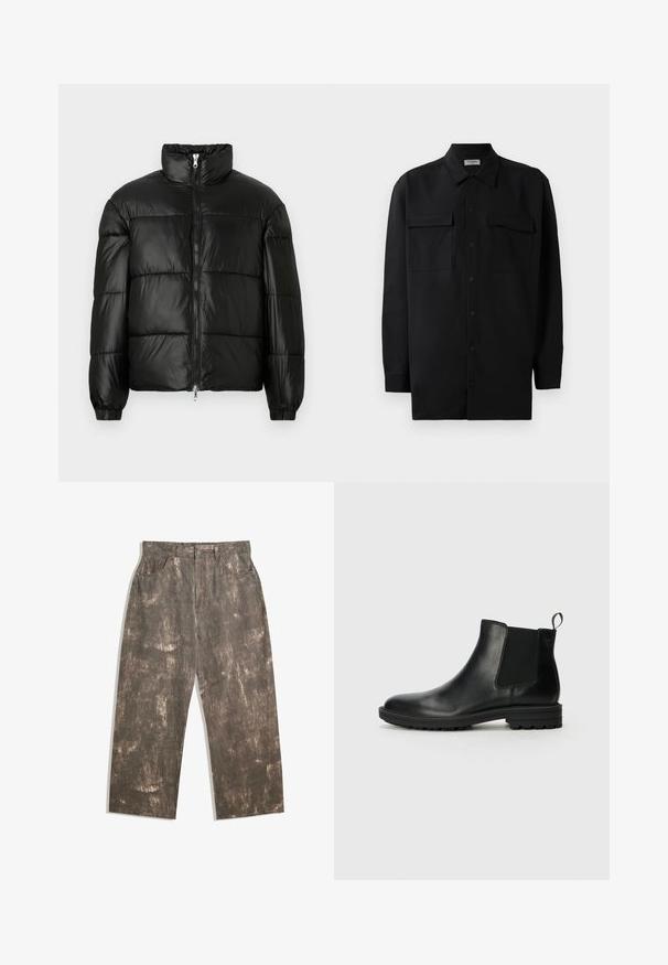 Mustat puffer-takki korkealla kauluksella, vetoketjukiinnitys edessä, tikattu malli, joustavat hihansuut ja kiiltävä, sileä kangasviimeistely.; Musta napillinen paita, joka on valmistettu sileästä kankaasta. Paita sisältää klassisen kaulan, kaksi etutaskua ja pitkät hihat, joissa on nappivarat.; Ruske farkkuhousut, joissa on haalistunut ja kulunut kuvio. Rentokuriset, joissa on viisi taskua ja edessä nappikiinnitys.; Jack & Jones JFWHOSKINS - Klassiset nilkkurit - anthracite