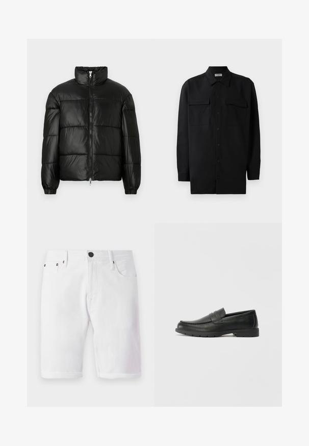Juodas pūkinis švarkas su aukštu apykakle, užtrauktuko priekyje, siuvinėtu dizainu, elastingais rankogaliais ir blizgia, lygiąja audinio apdaila.; Juodas marškinis su mygtukais, pagamintas iš lygaus audinio, turi klasikinius apykaklės, du priekiniai kišeniai ir ilgus rankovės su mygtukais.; Baltos džinsinės šortai su mygtuku, penkių kišenių dizainu ir sukamu kraštu. Lygi tekstūra su metaliniais akcentais kišenėse.; Juodai odiniai loaferiai su sklandžiu paviršiumi, mokasino stiliaus viršus, siuvinėjimu ir guminėmis padangomis. Klasikinis dizainas su žemu kulnu.
