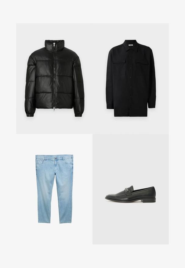Fekete puffernadrág magas gallérral, cipzáras elülső záródással, steppelt kialakítással, elasztikus mandzsettákkal és fényes, sima szövetfelülettel.; Fekete gombos ing, sima anyagból készült, klasszikus gallérral, két elülső zsebbel és hosszú ujjakkal, amelyek gombos mandzsettával záródnak.; Világoskék farmernadrág egyenes szárú kivitelben, elülső zsebekkel, övhurkokkal és cipzáras zárómegoldással. Sima, könnyű textúra.; Fekete bőr loaferek sima felülettel, varrott mintával és díszítő fém lánccal a cipő elején. Lapos sarok.