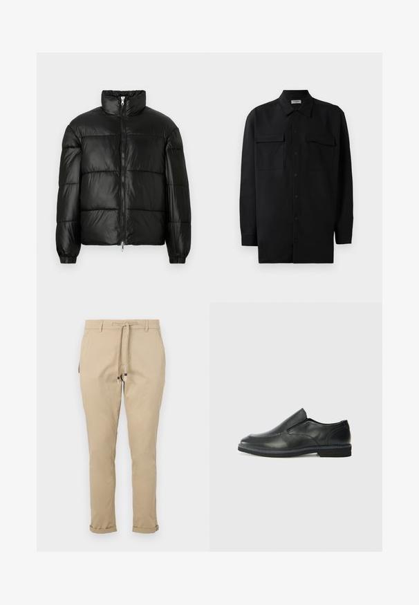 Melna pūkainā jaka ar augstu apkakli, rāvējslēdzēja priekšējo aizdari, quilted dizainu, elastīgām piedurknēm un spīdīgu, gludu auduma apdari.; Melnā pogu krekla, kas izgatavota no gludas auduma, ar klasisku apkakli, divām priekšējām kabatām un garām piedurknēm ar pogu aprocēm.; Beige sporta bikses ar šauru piegriezumu, ar sānu kabatām un iešūtām apakšmalām, nodrošinot plūstošu dizainu. Izgatavotas no viegla auduma.; Melnas ādas slip-on kurpes ar gludu augšdaļu, izšūtām akcentiem, noapaļotu purngala daļu un zemu gumijas papēdi. Zole ar minimālu rakstu.
