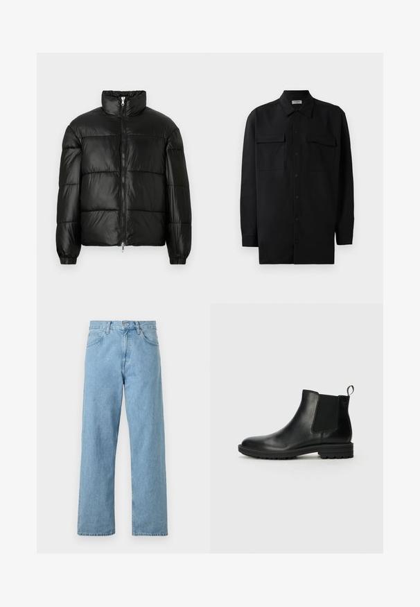 Černá péřová bunda s vysokým límcem, zapínáním na zip, prošívaným designem, elastickými manžetami a lesklým, hladkým povrchem.; Černá košile na knoflíky vyrobená z hladké tkaniny, s klasickým límcem, dvěma předními kapsami a dlouhými rukávy s knoflíkovými manžetami.; Světle modré džíny z denimu se středním střihem, pěti kapsami, zapínáním na knoflík a zip a mírně bledým vzhledem.; Jack & Jones JFWHOSKINS - Kotníkové boty - anthracite