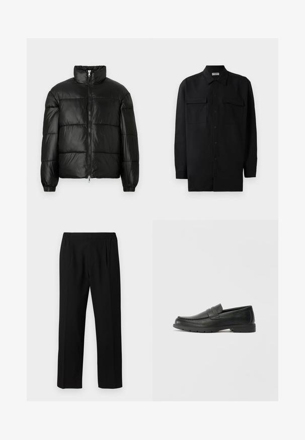 Must mustaga jakker, millel on kõrge krae, luku esikinnitus, tikanditud disain, elastsed mansetid ja läikiv, sile kangast viimistlus.; Mustmust värvi nööpidega särk, mis on valmistatud sujuvast kangast, klassikalise kraega, kahe eesmise tasku ja pikkade varrukatega, millel on nööpidega mansetid.; Mustadest kangast püksid, millel on sile kude, elastne vöökohus, sirge jala disain ja kaks esist pikendust, et lisada detaili.; Musthave nahkkingad siledast nahast, mokassiini stiilis ülevalt, tikanditega ja kummist tallaga. Klassikaline disain madala kontsaga.