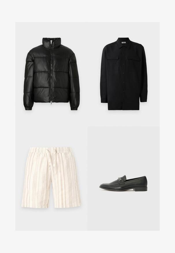 Giacca a vento nera con colletto alto, chiusura frontale con zip, design trapuntato, polsini elasticizzati e finitura in tessuto lucido e liscio.; Camicia nera con bottoni realizzata in tessuto morbido, dotata di colletto classico, due tasche frontali e maniche lunghe con polsini a bottone.; Shorts beige chiaro con righe verticali in diverse sfumature. Presentano una vita elastica con cordoncino per la regolazione. Tessuto morbido e di texture.; Mocassino in pelle nera con finitura liscia, caratterizzato da un design cucito e da un accento decorativo in catena metallica sul vamp. Tacco piatto.