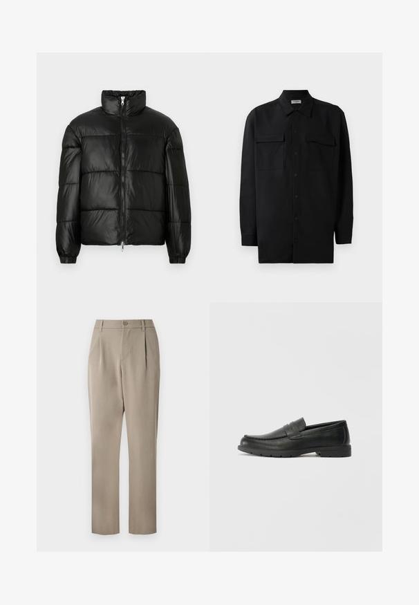 Svart pufferjakke med høy krage, glidelås foran, quiltet design, elastiske mansjetter og blank, glatt stofffinish.; Svart skjorte med knapper laget av glatt stoff, med klassisk krage, to frontlommer og lange ermer med knappe mansjetter.; Khaki bukser med lige ben-design, som har knaplukning og plisseret front. Fremstillet af et glat stof med mat finish.; Svart skinnloafers med glatt finish, mokkasin-stil overdel, broderte detaljer og gummisåle. Klassisk design med lav hæl.