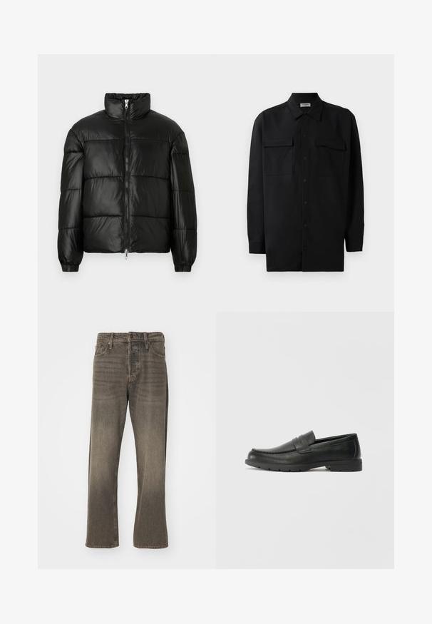 Črna pufasta jakna z visokim ovratnikom, z zadrgo spredaj, prešito zasnovo, elastičnimi manšetami in sijočim, gladkim zaključkom tkanine.; Črn srajčni zgornji del iz gladkega materiala, s klasičnim ovratnikom, dvema sprednjima žepoma in dolgimi rokavi z gumbi na manšetah.; Rjave denim hlače s ravnim krojem, ki vsebujejo zbledelo teksturo, tradicionalni peterokotni slog in kovinsko zapiranje na gumb.; Črne usnjene loafer čevlje z gladko površino, zgornjim delom v slogu mokasin, šivanimi detajli in gumijastim podplatom. Klasična zasnova z nizko peto.