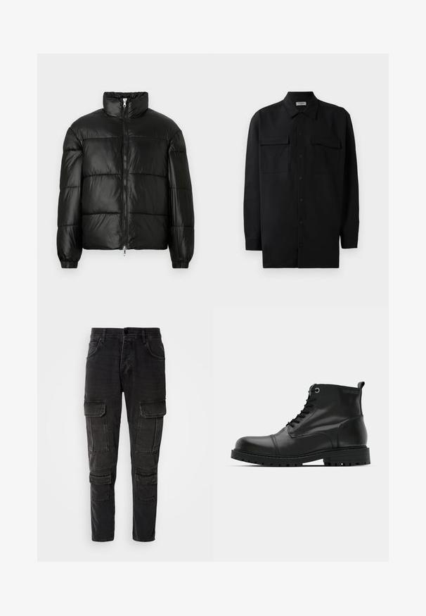 Black puffer jacket with a high collar, zip front closure, quilted design, elastic cuffs, and shiny, smooth fabric finish.; Black button-up shirt made of smooth fabric, featuring a classic collar, two front pockets, and long sleeves with button cuffs.; Black cargo pants with multiple side pockets, tapered legs, and a durable denim texture. Fastened with a button and zipper.; Black leather ankle boots with round toe, lace-up design, contrasting gray eyelets, and rugged rubber outsole. Smooth texture with minimal accents.