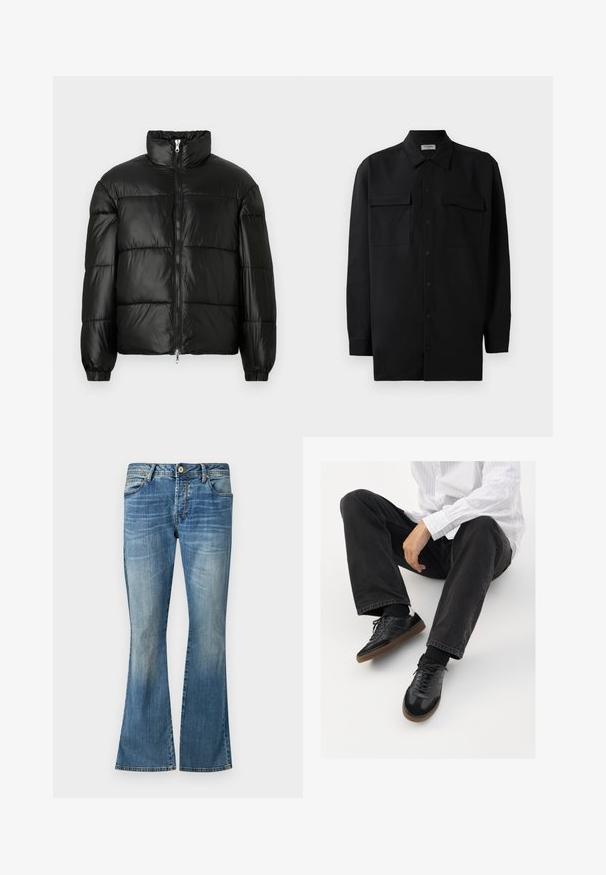 Svart pufferjakke med høy krage, glidelås foran, quiltet design, elastiske mansjetter og blank, glatt stofffinish.; Svart skjorte med knapper laget av glatt stoff, med klassisk krage, to frontlommer og lange ermer med knappe mansjetter.; Blå flared jeans laget av denim med en bleket vask. Har fem beltehemper, en knappelukking og klassiske sømdetaljer.; Svarte joggesko med en glatt og teksturert overflate, med gummisåle og mørke snører. Kombinert med svarte jeans og en hvit stripet skjorte.