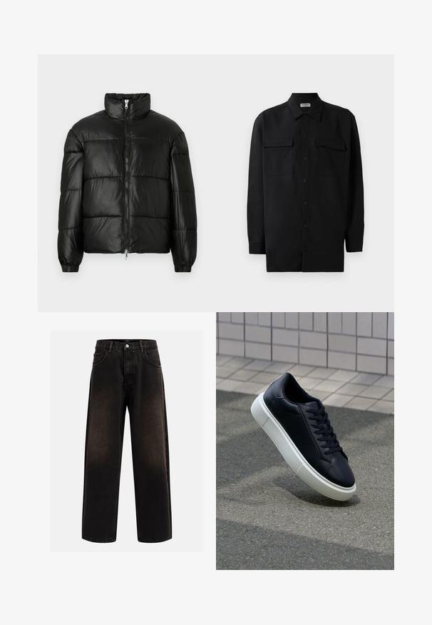 Juodas pūkinis švarkas su aukštu apykakle, užtrauktuko priekyje, siuvinėtu dizainu, elastingais rankogaliais ir blizgia, lygiąja audinio apdaila.; Juodas marškinis su mygtukais, pagamintas iš lygaus audinio, turi klasikinius apykaklės, du priekiniai kišeniai ir ilgus rankovės su mygtukais.; Juodi džinsai su laisvu kirpimu, turintys diržo kilpas, penkių kišenių dizainą ir mygtuko užsegimą. Struktūruota medžiaga su švelniu nudėvėjimu.; Juodas odinis sportbačius su apvaliu pirštu ir baltu gumuotu padu. Turi plokščias raišteles ir minimalų siuvimą viršuje. Padangos tekstūra užtikrina sukibimą.