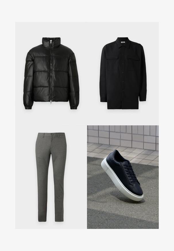 Mustat puffer-takki korkealla kauluksella, vetoketjukiinnitys edessä, tikattu malli, joustavat hihansuut ja kiiltävä, sileä kangasviimeistely.; Musta napillinen paita, joka on valmistettu sileästä kankaasta. Paita sisältää klassisen kaulan, kaksi etutaskua ja pitkät hihat, joissa on nappivarat.; Harmaat muotitikkarit, joissa on tekstuuri pinta, slim fit -muotoilu, etutaskut ja yksittäinen nappisulku vyötäröllä.; Mustat nahkakengät, joissa on pyöristetty kärki ja valkoinen kumipohja. Varusteena litteät nauhat ja minimaalinen ommel ylhäällä. Teksturoitu pohja pitävyyden lisäämiseksi.