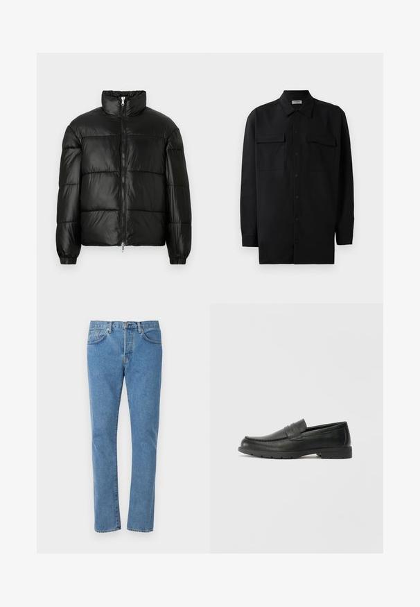 Fekete puffernadrág magas gallérral, cipzáras elülső záródással, steppelt kialakítással, elasztikus mandzsettákkal és fényes, sima szövetfelülettel.; Fekete gombos ing, sima anyagból készült, klasszikus gallérral, két elülső zsebbel és hosszú ujjakkal, amelyek gombos mandzsettával záródnak.; Kék denim farmernadrág egyenes szabással, öt zsebes stílussal és látható varrásokkal. Klasszikus mosás, sima textúrával.; Fekete bőr mokaszinok sima felülettel, a mokaszin stílusú felsőrésszel, varrott részletezéssel és gumitalppal. Klasszikus dizájn alacsony sarokkal.