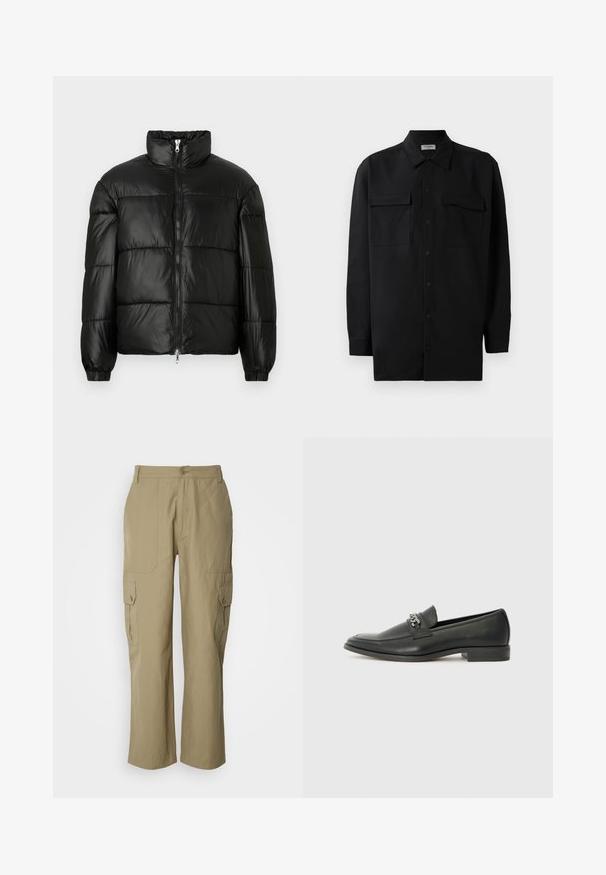 Fekete puffernadrág magas gallérral, cipzáras elülső záródással, steppelt kialakítással, elasztikus mandzsettákkal és fényes, sima szövetfelülettel.; Fekete gombos ing, sima anyagból készült, klasszikus gallérral, két elülső zsebbel és hosszú ujjakkal, amelyek gombos mandzsettával záródnak.; Beige kapucnis nadrág, könnyű anyagból készült, két oldalsó zsebbel, gombos zárással és egyenes szabással.; Fekete bőr loaferek sima felülettel, varrott mintával és díszítő fém lánccal a cipő elején. Lapos sarok.