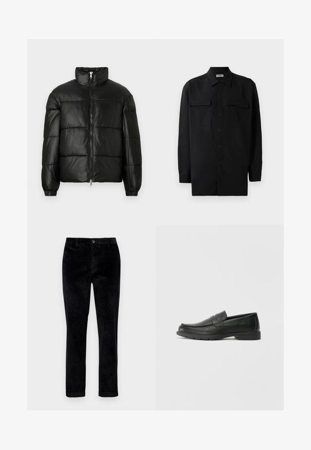 Melna pūkainā jaka ar augstu apkakli, rāvējslēdzēja priekšējo aizdari, quilted dizainu, elastīgām piedurknēm un spīdīgu, gludu auduma apdari.; Melnā pogu krekla, kas izgatavota no gludas auduma, ar klasisku apkakli, divām priekšējām kabatām un garām piedurknēm ar pogu aprocēm.; Melnas korduroja bikses ar taisnu kāju griezumu, ar priekšējo pogu aizdari, jostu cilpām un ruļļotiem apkakles galiem papildu detaļai.; Melnas ādas loafers ar gludu apdari, mokasīnu stila augšdaļu, šūtu detalizāciju un gumijas zoli. Klasisks dizains ar zemu papēdi.