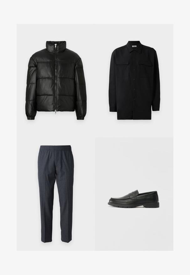 Fekete puffernadrág magas gallérral, cipzáras elülső záródással, steppelt kialakítással, elasztikus mandzsettákkal és fényes, sima szövetfelülettel.; Fekete gombos ing, sima anyagból készült, klasszikus gallérral, két elülső zsebbel és hosszú ujjakkal, amelyek gombos mandzsettával záródnak.; Szövet sötétszürke nadrág, rugalmas derékkal, egyenes szárú dizájnnal, finom textúrával és látható hardver vagy mintázat nélkül.; Fekete bőr mokaszinok sima felülettel, a mokaszin stílusú felsőrésszel, varrott részletezéssel és gumitalppal. Klasszikus dizájn alacsony sarokkal.