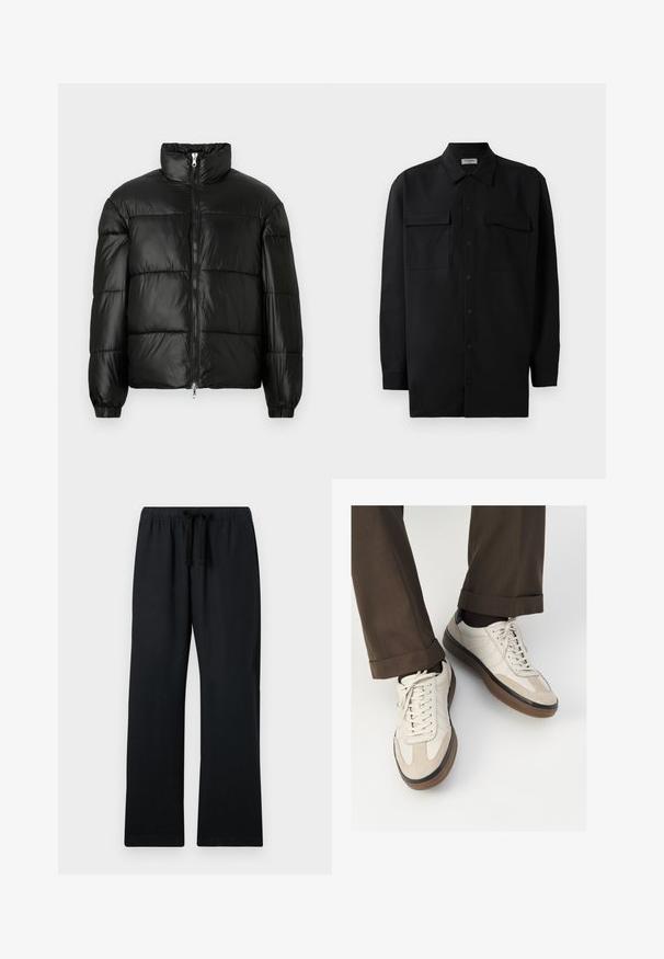 Must mustaga jakker, millel on kõrge krae, luku esikinnitus, tikanditud disain, elastsed mansetid ja läikiv, sile kangast viimistlus.; Mustmust värvi nööpidega särk, mis on valmistatud sujuvast kangast, klassikalise kraega, kahe eesmise tasku ja pikkade varrukatega, millel on nööpidega mansetid.; Mustad, lõdvad püksid elastse vöökoha ja reguleeritava nööri külge. Sile kangas, sirge jala disain ja ilma mustriteta.; Bežid spordijalised, millel on tekstuuriga suede esiosa, siledast nahast küljed ja pruun kummitald. Lisatud on paelad ja heledad õmbluse detailid.